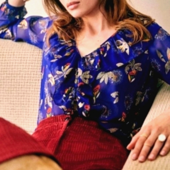 Sezane Priscille silk floral, ruffle blouse women's size 36 NEW